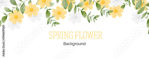 Spring floral in watercolor vector background. Luxury wallpaper design with pink flowers, line art, golden texture.
