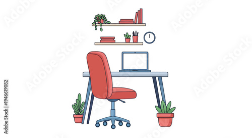 Red Office Chair at Modern Desk Workspace.