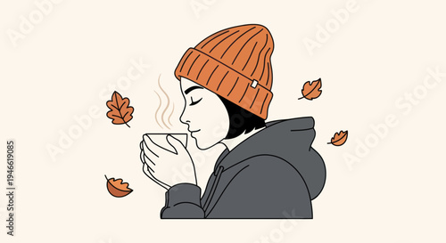 Woman Drinking from a Cup Wearing Beanie.