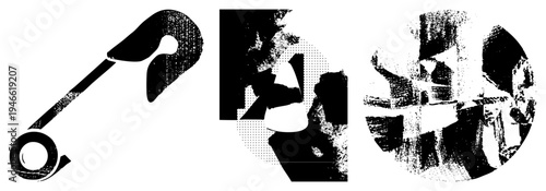 Stylized vector forms featuring halftone dots and distressed edges, minimalist abstract design, graphic art elements, composition.