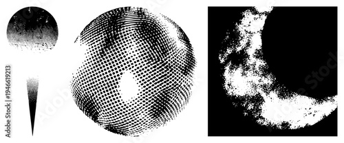 Vector halftone spheres rendered with varying dot densities, geometric shapes,, graphic design elements, isolated foregrounds.