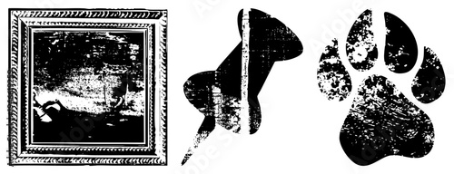 Decorative black and white graphic featuring ornate frame, dog silhouette, and paw print, ideal for rustic or pet themed decor. Also known as framed art, animal motif, silhouette design.