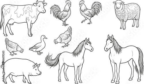 Farm animal illustration featuring cow, pig, horses, sheep, duck, roosters, and hens, showing agriculture, livestock, food sources, biodiversity, and educational themes