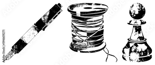 Distressed vector of writing tool, thread spool, and chess pawn, stylized with gritty texture, graphic design elements, isolated foreground objects.