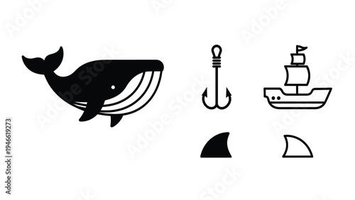 Marine & Nautical Flat Icons: Whale, Shark Fin, Fishing Hook, Sailboat. Simple black and white sea life elements.