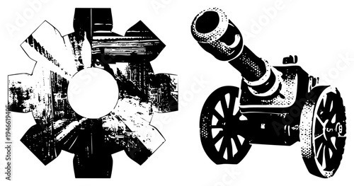Antique cannon with spoked wheels and halftone texture, paired with industrial gear, both in high contrast black and white, isolated vector graphic with distressed style.