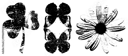 Distressed black vector flowers and insects with halftone textures, isolated symbols, vintage graphic design elements, tattoo ready motifs, art print assets.
