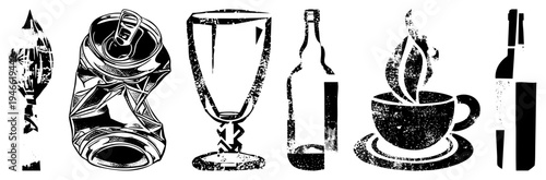Crumpled soda can, wine bottle, cocktail glass, coffee cup, beer bottle all rendered in distressed black and white vector art with halftone texture and gritty aesthetic.
