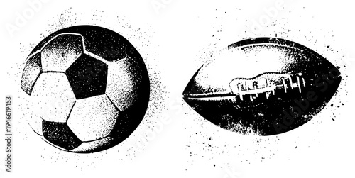 Vintage style soccer ball with pentagon panels and American football with laces, rendered in halftone dot, sport, athletic symbols.