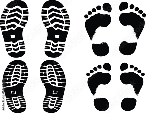 Footprint silhouettes showing shoe prints with tread patterns and barefoot impressions, illustrating human movement, tracking, forensic analysis, and educational design themes