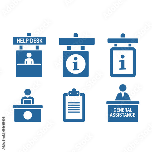 Set of blue help desk and information service icons for customer support and guidance