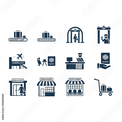 Airport and Travel Icon Set for Boarding, Security, Baggage Claim, and Flight Services