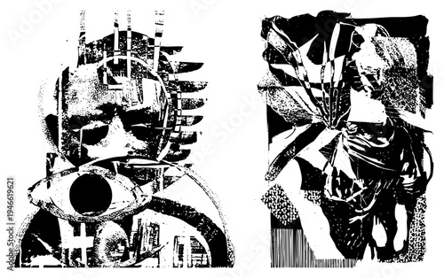 Bold halftone graphic art with fragmented human silhouettes, distorted facial features, and abstract textures, ideal for avant garde design or use.