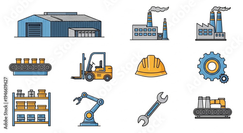 Manufacturing and Industry Icons - Factory, Forklift, and Production Elements.