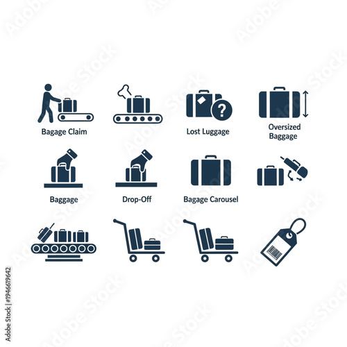 Airport Baggage and Luggage Icon Set for Travel Transportation and Logistics