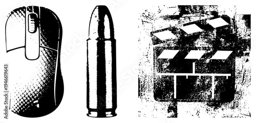 Digital mouse, ammunition bullet, film clapperboard stylized halftone vector. Tech, weaponry, cinema symbols. Isolated flat graphic elements.
