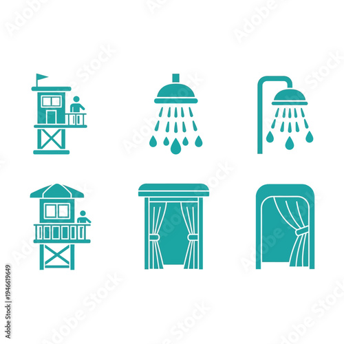 Beach Facility Icon Set with Lifeguard Tower Shower and Changing Cabin