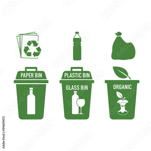 Waste Sorting Icons Set for Recycling: Plastic, Paper, Glass, and Organic Trash Bins