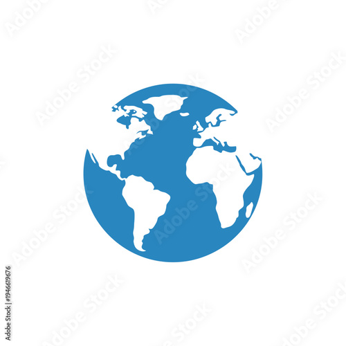 Blue Earth Globe Icon Centered on Atlantic Ocean Isolated on White Background
