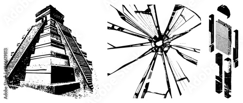 Stone stepped with staircase, radial cracked glass, fragmented 3D blocks, halftone texture, vector illustration, architectural and abstract elements.