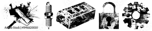 Paint roller splattering, spark plug, brick, padlock, gear gritty textures, mechanical, urban grit, vector art, black and white.