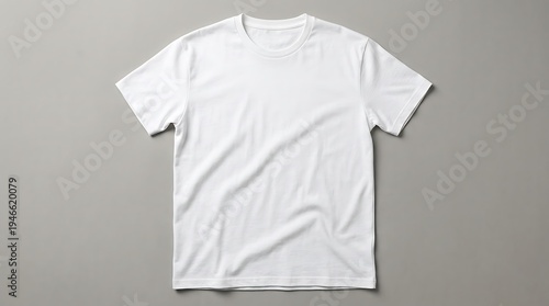 White t-shirt mockup on grey background blank cotton tee with short sleeves for apparel design.