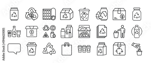 A collection of black and white recycling icons and symbols