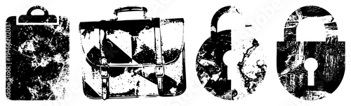 Rugged business bag and vintage padlock symbols, distressed ink effect, security, office equipment, corporate design elements.