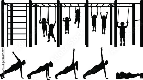 Silhouette children playing on playground with monkey bars and swings, plus adult workout exercise poses, showing fitness, activity, lifestyle, and health themes