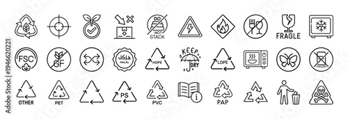 Diverse set of product packaging and safety guidelines symbols in vector format