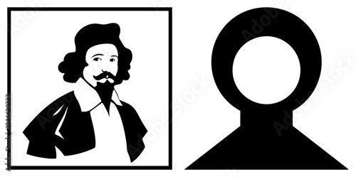 Black silhouette portrait of historical figure with mustache and ruffled collar, alongside abstract user placeholder, both in minimalist vector style.