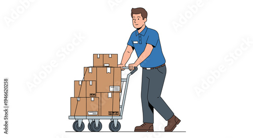 Man Pushing Cart Loaded with Boxes.