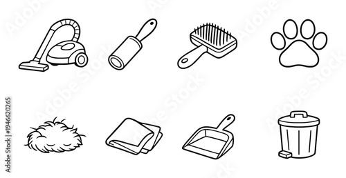 Cleaning tools and pet grooming items on gray background