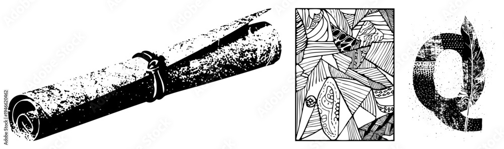 Naklejka premium Antique parchment scroll tied with ribbon, stylized quill pen, geometric abstract art panel, inked drawing, historical document motif, artistic composition, vector design.