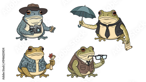 Cute Cartoon Frogs Dressed as Humans: Photographer, Businessman, Romantic, Intellectual Characters Set