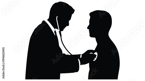Doctor examining patient silhouette in minimalist black and white illustration for medical icon, healthcare consultation concept with physician checking patient condition, simple vector style design