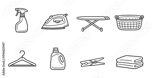 Laundry supplies arranged in grid on gradient dark background