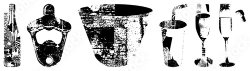 Distressed bottle opener, rustic champagne bucket, cocktail glass with straw, vintage barware set, halftone textured vector.