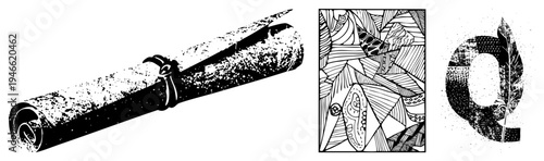 Antique parchment scroll tied with ribbon, stylized quill pen, geometric abstract art panel, inked drawing, historical document motif, artistic composition, vector design.