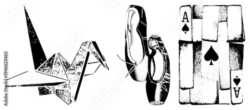 Geometric origami crane, elegant ballet slippers, playing cards with ace spades, rendered in halftone vector style, isolated graphic elements, artistic composition.