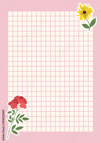 Grid notebook page template with pastel background and floral stickers. Cute botanical stationery layout for journaling, notes, planners and school writing.