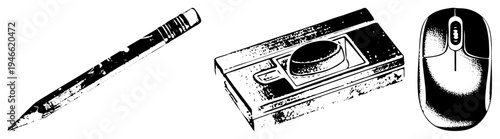 Classic pencil, eraser block, computer mouse rendered in halftone dots, retro tech and stationery, vector, isolated office supplies.