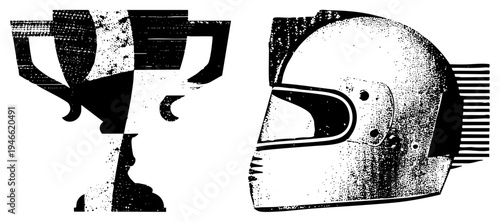 Vintage racing helmet and victory trophy rendered in halftone dot, motorsport, classic motorsport symbols, stylized vector graphic.