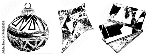 Black and white halftone illustrations of festive ornament, diamond shaped kite, and stacked books. Graphic design elements with stippling texture, isolated vector art, classic holiday motifs.