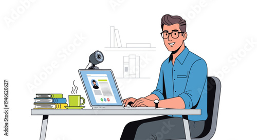 Man Working on Laptop at Desk.