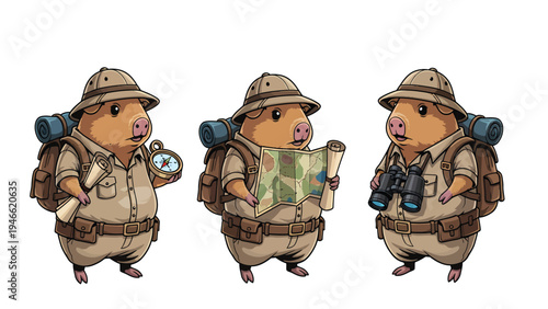 Cute cartoon guinea pig explorers set with safari hats, backpacks, map, compass, and binoculars. Adventure illustration.