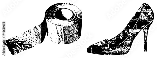 Distressed toilet paper roll and stiletto heel shoe rendered in gritty, grungy texture, urban aesthetic, isolated vector clipart.