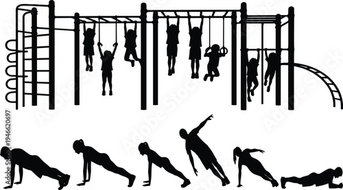 Silhouette children playing on playground with monkey bars, ladders, rings, plus adult workout exercise poses, showing fitness, activity, lifestyle, and health themes