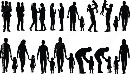 Silhouette adults and children interacting in caregiving, communication, and bonding poses, showing family, parenting, education, love, support, and relationship themes