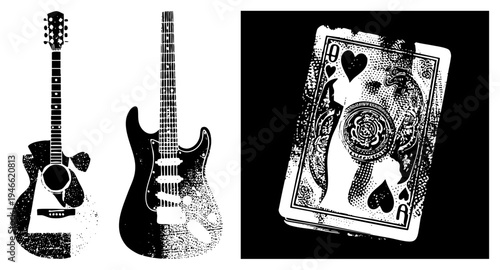 Acoustic and electric guitars with halftone texture, playing card with ornate design, black and white vector art, music and gaming, stylized illustrations.